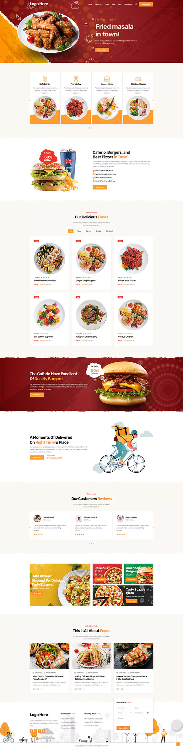 Restaurant website design with fried chicken and burger menu sections