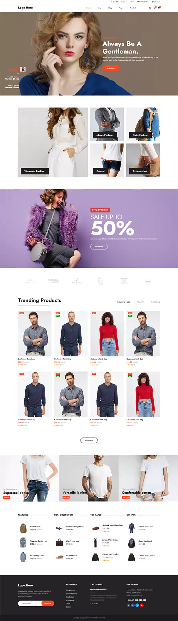 Fashion store ecommerce design with men's, women's and kids' categories
