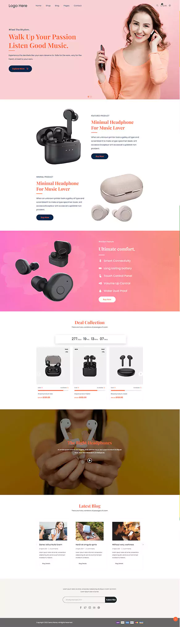 Headphones product website design with a music lover hero