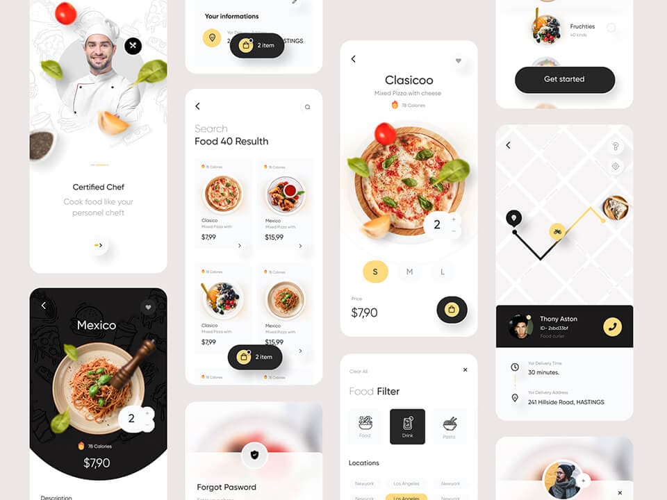 Recipe and food delivery app screens with pizza