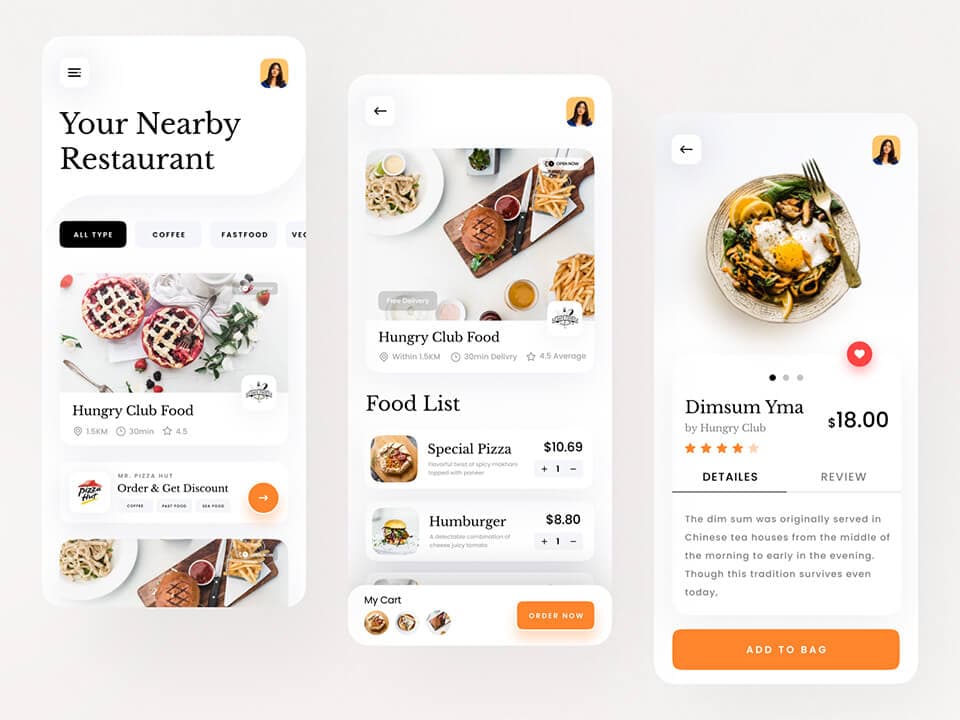 Restaurant food ordering app screens