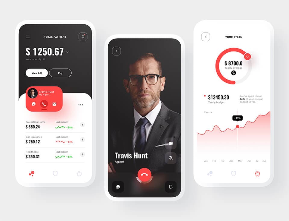 Finance app screens with a wallet balance and video call