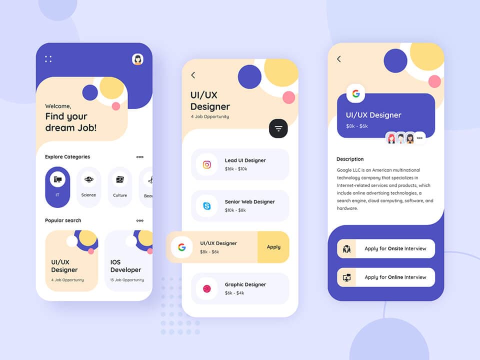 Job search app screens for UI/UX designers