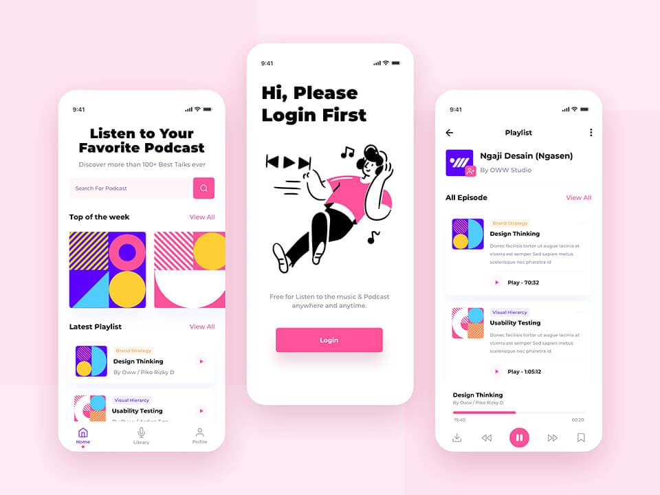Podcast app screens with playlists and a login page