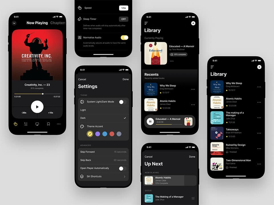 Dark-themed music player app screens