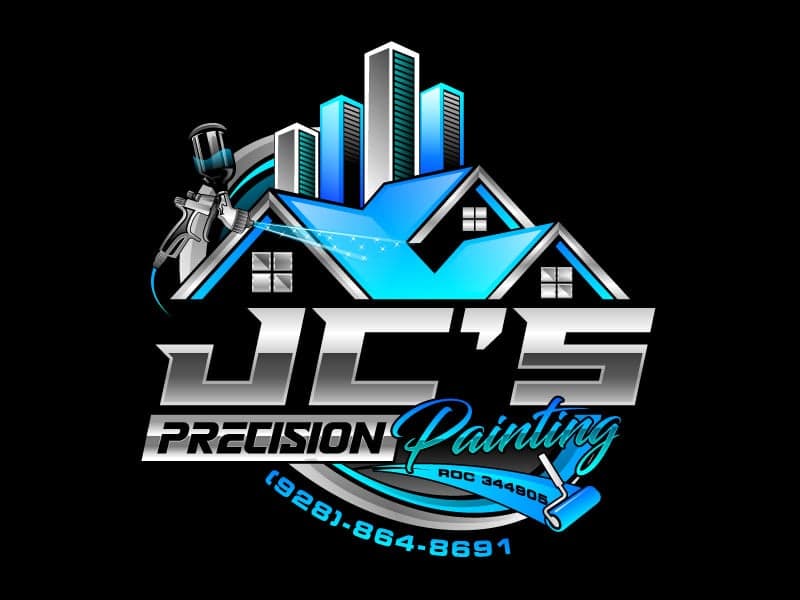 JC's Precision Painting logo with a city skyline, rooftops and spray gun