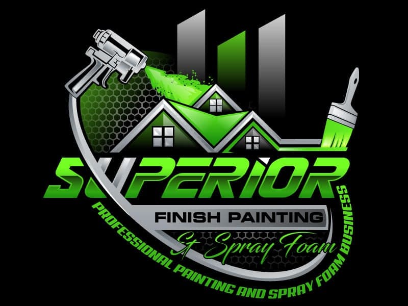 Superior Finish Painting and Spray Foam logo with green rooftops and a spray gun