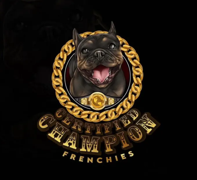 Certified Champion Frenchies mascot logo with a French bulldog