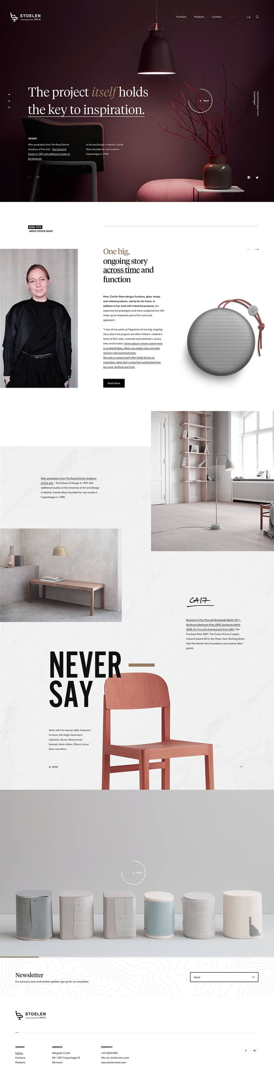 Interior design studio website with a dark red living room hero
