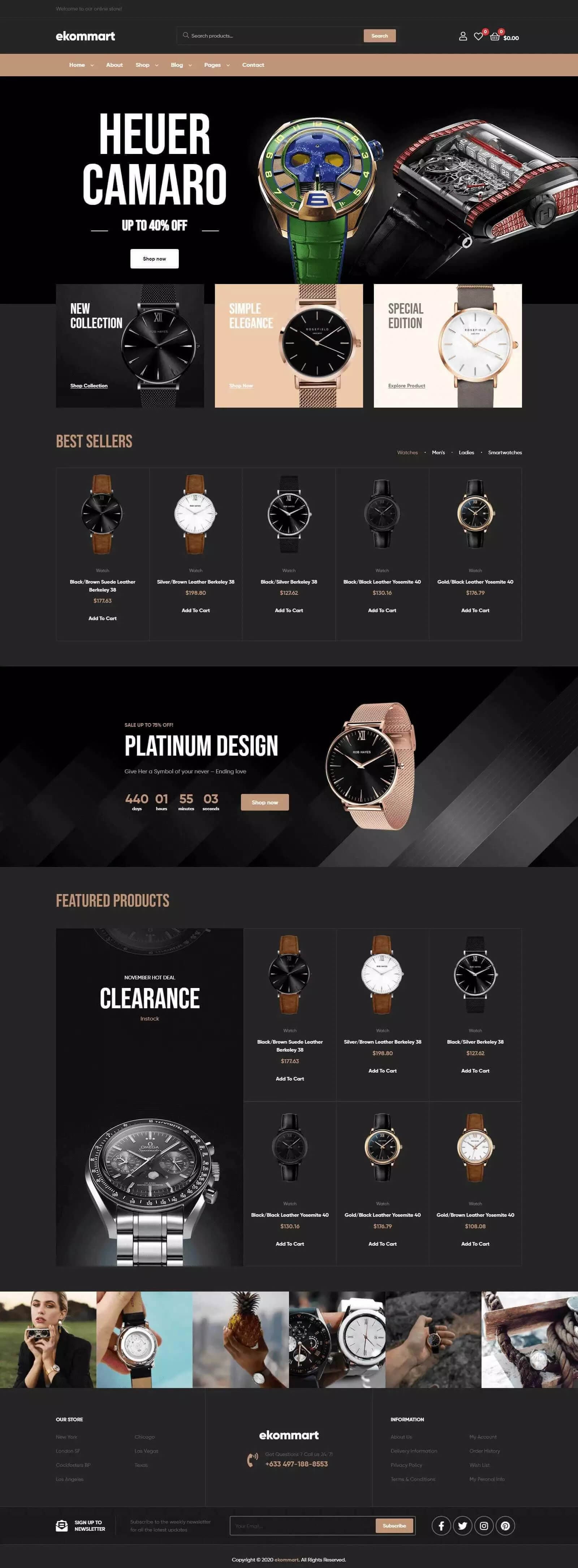 Watch store website design with a dark product showcase