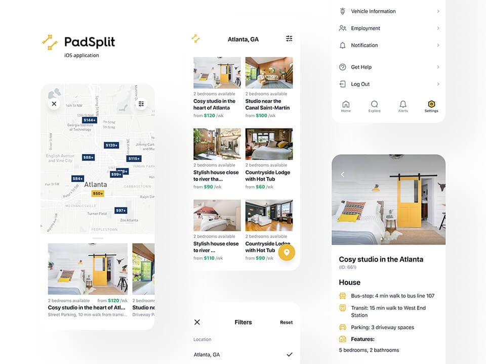 Room rental app screens with listings and a map