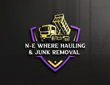 N-E Where Hauling and Junk Removal shield logo with a dump truck